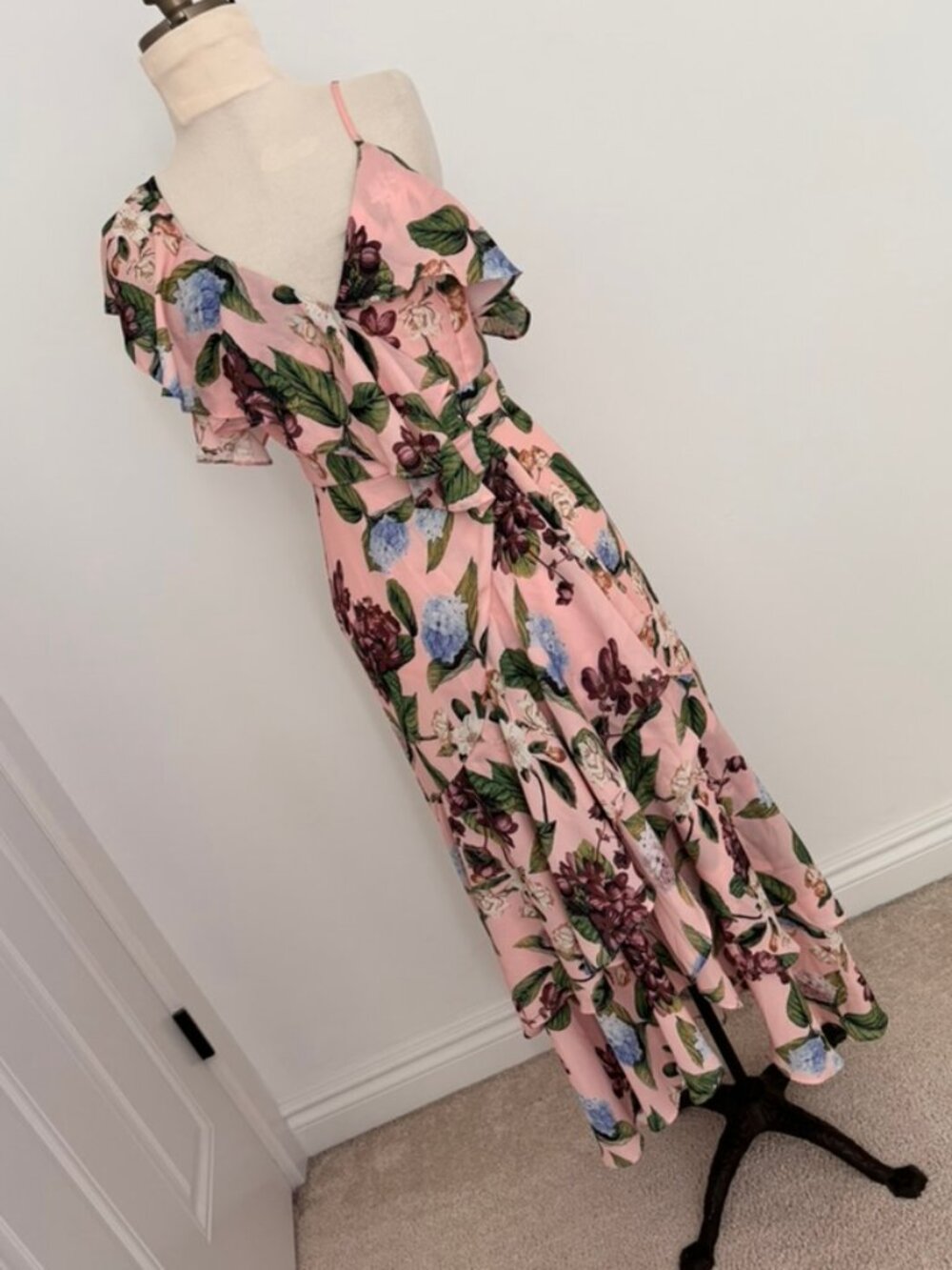 OPT Pink Floral Wrap Flounce Midi Dress